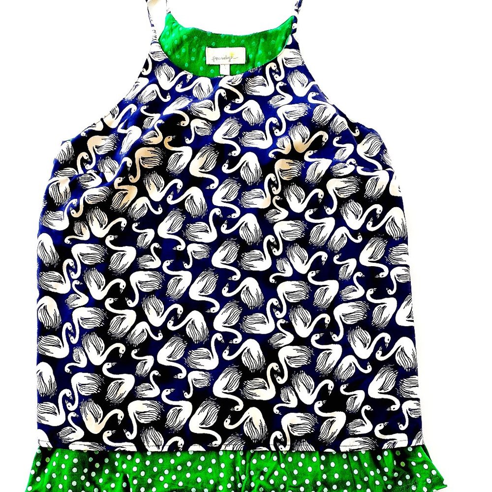 Anthropologie Tank Top Swing Layered Blue Green Swan Polka Dots Small